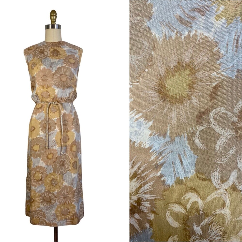 Vintage 1960s Muted Floral Silk Shantung Sheath Dress by Mancini Size M